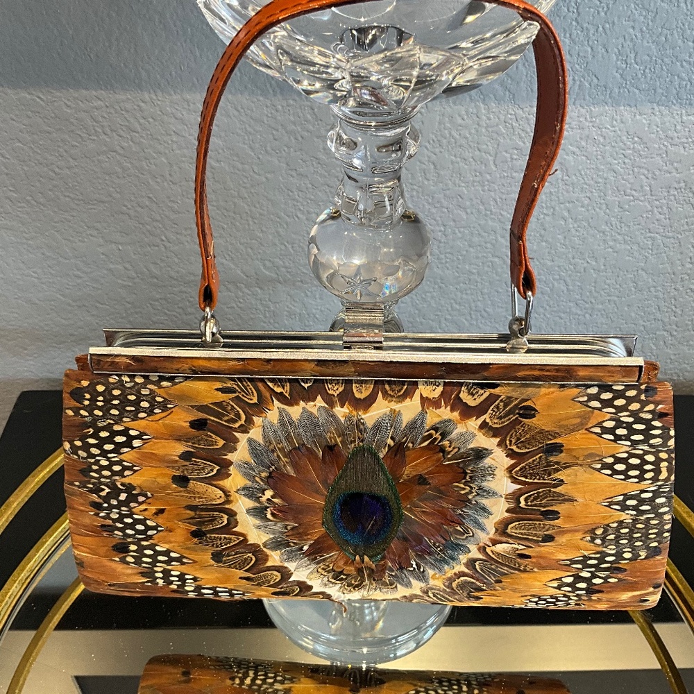 VTG Outdoor Forest Fairytale Wedding Feather Frame Bag Woodsy Bride Brown Blue - Picture 3 of 16